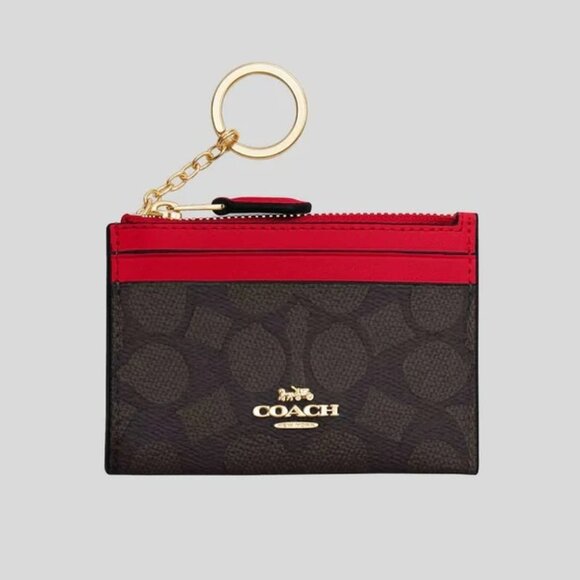 Coach Mini Skinny Id Case Signature Canvas Gold Walnut Bold Red - Picture 1 of 6